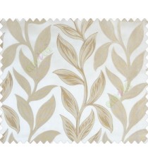 Big beige brown leaves on stem with embossed look on half white cream shiny fabric main curtain